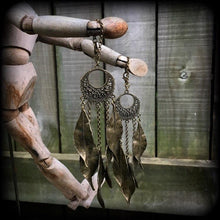 Load image into Gallery viewer, Artemis ear hangers Plug dangles Tunnel dangles Hanging gauges Leaf Dangle Tree Pan Dianic Nature Wicca Goddess Bronze Gauges 00g 0g 2g 4g