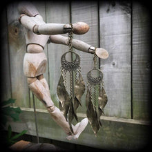 Load image into Gallery viewer, Artemis ear hangers Plug dangles Tunnel dangles Hanging gauges Leaf Dangle Tree Pan Dianic Nature Wicca Goddess Bronze Gauges 00g 0g 2g 4g