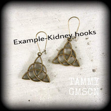 Load image into Gallery viewer, Charmed earrings, Triquetra earrings, Trinity Knot earrings, Celtic earrings, Pagan earrings, Irish earrings, Pierced ears, Stretched ears