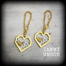 Load image into Gallery viewer, Bee hive earrings, Hexagon earrings, Honeycomb earrings, Bee earrings, Insect jewelry, Sacred Geometry,Tunnel earrings, Plug earrings, 14g