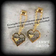 Load image into Gallery viewer, Bee hive ear hangers, 00 gauge ,0 gauge, 6 gauge, 4 gauge, Tunnel dangles, Hexagon, Ear weights, Honeycomb Plug earrings, Hanging gauges,