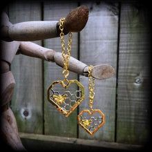 Load image into Gallery viewer, Bee hive earrings, Hexagon earrings, Honeycomb earrings, Bee earrings, Insect jewelry, Sacred Geometry,Tunnel earrings, Plug earrings, 14g