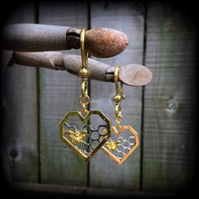 Load image into Gallery viewer, Bee hive ear weights, Hexagon ear hangers, Geometric weights, Insect ear weights, Tunnel dangles, Plug dangles, Hanging gauges, 2g, 0g, 00g
