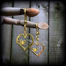 Load image into Gallery viewer, Bee hive ear weights, Hexagon ear hangers, Geometric weights, Insect ear weights, Tunnel dangles, Plug dangles, Hanging gauges, 2g, 0g, 00g