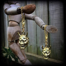 Load image into Gallery viewer, 6 gauge weights, 4 gauge ear hangers, Hannya Mask ear weights, 4mm tunnel dangles, 5mm plug dangles, Plug earrings, For stretched ears