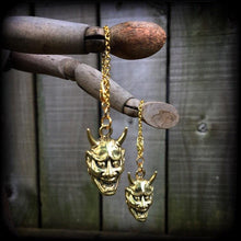 Load image into Gallery viewer, 6 gauge weights, 4 gauge ear hangers, Hannya Mask ear weights, 4mm tunnel dangles, 5mm plug dangles, Plug earrings, For stretched ears