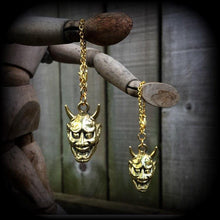 Load image into Gallery viewer, 6 gauge weights, 4 gauge ear hangers, Hannya Mask ear weights, 4mm tunnel dangles, 5mm plug dangles, Plug earrings, For stretched ears