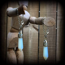 Load image into Gallery viewer, Moon stone ear hangers 4 gauge 6 gauge 6mm 8mm Opalite ear weights Tunnel dangles Stone weights Gauged earrings Plug earrings Hanging gauges