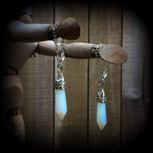 Load image into Gallery viewer, Moon stone ear hangers 4 gauge 6 gauge 6mm 8mm Opalite ear weights Tunnel dangles Stone weights Gauged earrings Plug earrings Hanging gauges
