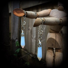 Load image into Gallery viewer, Moon stone ear hangers 4 gauge 6 gauge 6mm 8mm Opalite ear weights Tunnel dangles Stone weights Gauged earrings Plug earrings Hanging gauges