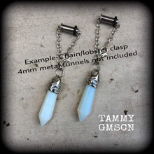 Load image into Gallery viewer, Moon stone ear hangers 4 gauge 6 gauge 6mm 8mm Opalite ear weights Tunnel dangles Stone weights Gauged earrings Plug earrings Hanging gauges