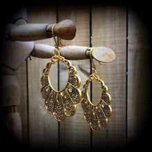 Load image into Gallery viewer, Artemis earrings, Dangle earrings, Peacock earrings, Goddess earrings, Shield earrings, Maiden earrings, Goddess jewelry, Tunnel earrings