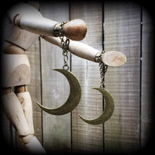 Load image into Gallery viewer, 8gauge 6g 4g 2g 0g Crescent Moon ear hangers Moon Ear weights 00g Plug dangles Hanging gauges Gauged earrings Esoteric Gauges Tunnel dangles