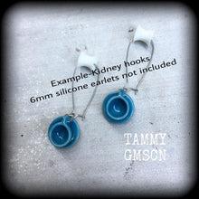 Load image into Gallery viewer, Tea cup earrings Tea Party earrings Kawaii earrings Barista jewelry Alice in Wonderland Plug earrings 3mm plug dangles 6mm tunnel earrings