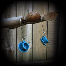 Load image into Gallery viewer, Tea cup earrings Tea Party earrings Kawaii earrings Barista jewelry Alice in Wonderland Plug earrings 3mm plug dangles 6mm tunnel earrings