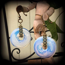 Load image into Gallery viewer, Moonstone ear weights Opalite ear hangers Bronze weights 6mm tunnel weights 8mm tunnel dangles Gauged earrings Plug dangles 00g 0g 2g 4g 6g