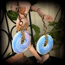 Load image into Gallery viewer, Moonstone ear weights Opalite ear hangers Bronze weights 6mm tunnel weights 8mm tunnel dangles Gauged earrings Plug dangles 00g 0g 2g 4g 6g
