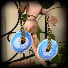 Load image into Gallery viewer, Moonstone ear weights Opalite ear hangers Bronze weights 6mm tunnel weights 8mm tunnel dangles Gauged earrings Plug dangles 00g 0g 2g 4g 6g