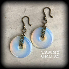 Load image into Gallery viewer, Moonstone ear weights Opalite ear hangers Bronze weights 6mm tunnel weights 8mm tunnel dangles Gauged earrings Plug dangles 00g 0g 2g 4g 6g