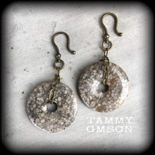 Load image into Gallery viewer, 8mm 6mm 4mm Ear weights, Stone ear hangers, 2 gauge, 0 gauge, Fossil, Ear hangers, Plug dangles, Hanging gauges, Earrings for stretched ears