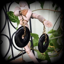 Load image into Gallery viewer, Gemstone earrings Black earrings Onyx earrings Black onyx jewelry Gothic earrings Statement earrings Tunnel earrings Tribal earrings Ethnic