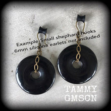 Load image into Gallery viewer, Onyx ear weights, Black onyx jewelry, Gemstone ear hangers, Plug dangles, Hanging gauges, Stone weights, Tunnel dangles, Gauged earrings 0g