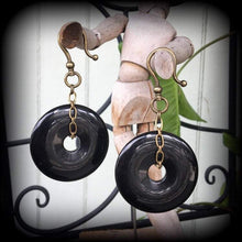 Load image into Gallery viewer, Onyx ear weights, Black onyx jewelry, Gemstone ear hangers, Plug dangles, Hanging gauges, Stone weights, Tunnel dangles, Gauged earrings 0g