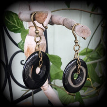 Load image into Gallery viewer, Onyx ear weights, Black onyx jewelry, Gemstone ear hangers, Plug dangles, Hanging gauges, Stone weights, Tunnel dangles, Gauged earrings 0g
