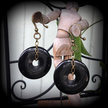 Load image into Gallery viewer, Onyx ear weights, Black onyx jewelry, Gemstone ear hangers, Plug dangles, Hanging gauges, Stone weights, Tunnel dangles, Gauged earrings 0g