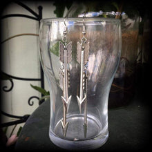 Load image into Gallery viewer, Arrow earrings Cupid earrings Dangle Bow and Arrow Goddess Sagittarius Artemis Gauged earrings Wicca Pan Nature Pierced ears Stretched ears