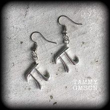 Load image into Gallery viewer, Pi earrings, Physics, Geek earrings, Plug earrings, Science earrings, Tunnel earrings, Science jewelry, Gifts for nerds, Chemistry earrings