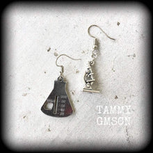 Load image into Gallery viewer, Science earrings, Geek earrings, Nerd earrings, Microscope earrings, Beaker earrings, Science jewelry, Gifts for nerds, Chemistry earrings