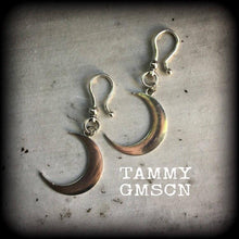 Load image into Gallery viewer, Crescent Moon plug dangles 6mm ear hangers Silver moon plug earrings Tunnel dangles Gauged earrings Hanging gauges Moon ear weights 2 gauge
