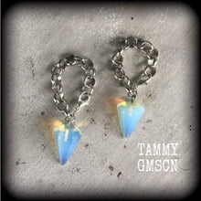 Load image into Gallery viewer, 00 gauge opalite ear weights, Moonstone ear hangers, Gemstone weights, Tunnel dangles, Plug dangles, Hanging gauges, Gauged earrings, Gauges