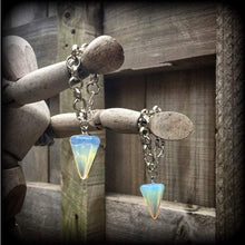 Load image into Gallery viewer, 00 gauge opalite ear weights, Moonstone ear hangers, Gemstone weights, Tunnel dangles, Plug dangles, Hanging gauges, Gauged earrings, Gauges