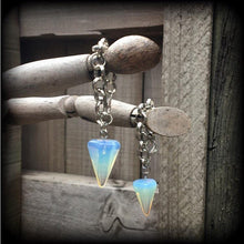 Load image into Gallery viewer, 00 gauge opalite ear weights, Moonstone ear hangers, Gemstone weights, Tunnel dangles, Plug dangles, Hanging gauges, Gauged earrings, Gauges