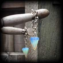 Load image into Gallery viewer, 00 gauge opalite ear weights, Moonstone ear hangers, Gemstone weights, Tunnel dangles, Plug dangles, Hanging gauges, Gauged earrings, Gauges