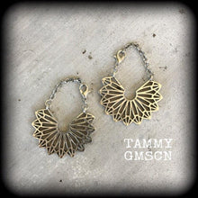 Load image into Gallery viewer, Mandala earrings Tunnel earrings Sacred Geometry Geometric jewelry Mandala jewelry Triangle earrings Tunnel dangles Gauged earrings 8g 6g 4g