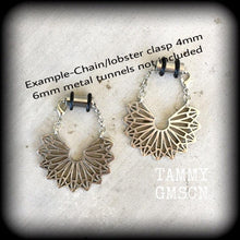 Load image into Gallery viewer, Mandala earrings Tunnel earrings Sacred Geometry Geometric jewelry Mandala jewelry Triangle earrings Tunnel dangles Gauged earrings 8g 6g 4g
