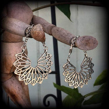 Load image into Gallery viewer, Mandala earrings Tunnel earrings Sacred Geometry Geometric jewelry Mandala jewelry Triangle earrings Tunnel dangles Gauged earrings 8g 6g 4g