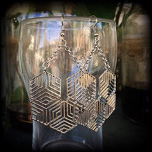 Load image into Gallery viewer, Hexagon earrings Tunnel earrings Sacred Geometry Geometric earrings Hexagon jewelry Ear hangers Tunnel dangles Gauged earrings for stretched