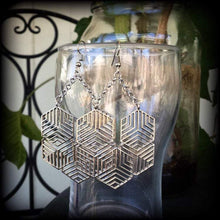 Load image into Gallery viewer, Hexagon earrings Tunnel earrings Sacred Geometry Geometric earrings Hexagon jewelry Ear hangers Tunnel dangles Gauged earrings for stretched