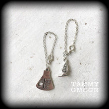 Load image into Gallery viewer, Science ear hangers, Geek gifts, Tunnel earrings, 2g, 0g, 00g, Gifts for nerds, Plug earrings, Microscope, Beaker, Science, Chemistry, Gauge