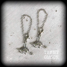 Load image into Gallery viewer, Dinosaur tunnel dangles 4 gauge weights 4mm Gauged earrings Stegosaurus 6mm ear hangers Hanging gauges Reptile jewelry 5mm plug dangles 2g