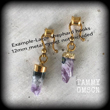 Load image into Gallery viewer, Amethyst earrings, Raw gemstone, Tunnel earrings, Amethyst ear weights, Crystal earrings, Quartz weights, Dangle earrings, Gauged earrings