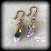 Load image into Gallery viewer, Amethyst earrings, Raw gemstone, Tunnel earrings, Amethyst ear weights, Crystal earrings, Quartz weights, Dangle earrings, Gauged earrings