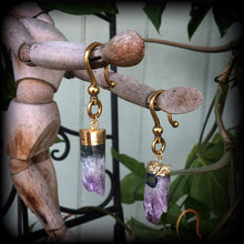 Load image into Gallery viewer, Amethyst earrings, Raw gemstone, Tunnel earrings, Amethyst ear weights, Crystal earrings, Quartz weights, Dangle earrings, Gauged earrings