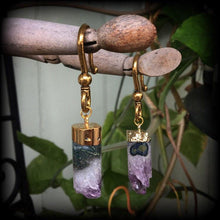 Load image into Gallery viewer, Amethyst earrings, Raw gemstone, Tunnel earrings, Amethyst ear weights, Crystal earrings, Quartz weights, Dangle earrings, Gauged earrings