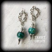 Load image into Gallery viewer, Green agate ear weights, 10mm weights, 00 gauge tunnel dangles, Plug dangles, Ear hangers, 12mm weights, Hanging gauges, 14mm, 16mm weights