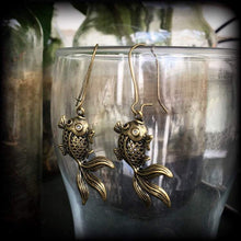 Load image into Gallery viewer, Koi fish earrings, Gold fish earrings, Tattoo earrings, Sailor Jerry, Tattoo jewelry, Tunnel earrings, Japanese fish, Plug earrings, Gauges